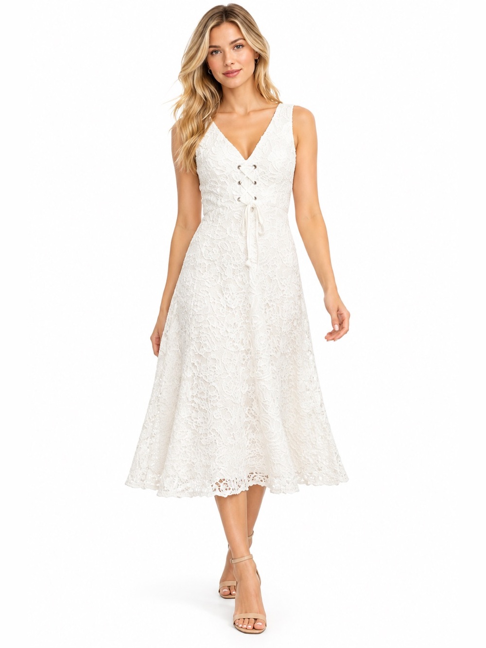 BCBGMAXAZRIA White Lace Corset Midi Dress Size 0